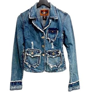 True Religion Distressed Blue Jean Jacket Raw Hem Collar, Pockets, & Cuffs Small